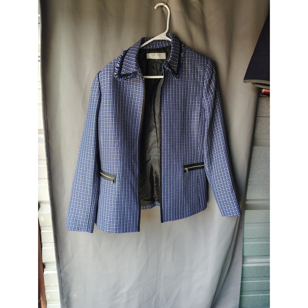 Tahari Arthur S. Levine Blue Black Tweed Full Zip Fringe Trim Blazer Jacket 10